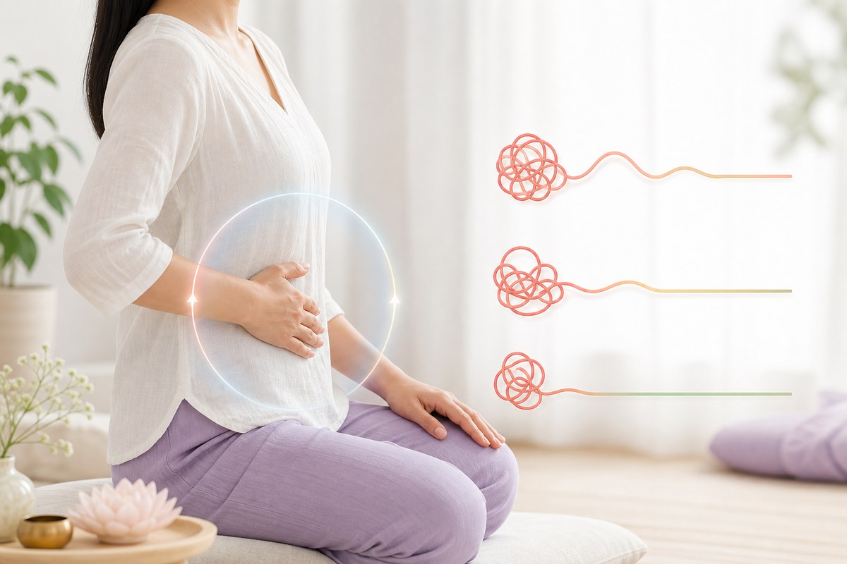 成年亞洲女性以自然坐姿進行腹式呼吸，旁邊三個珊瑚糾結逐步拉直，對照新手三個常見錯誤