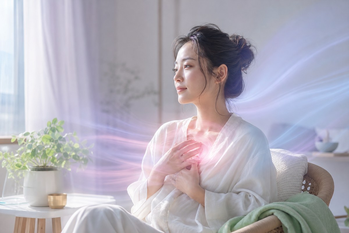 成年亞洲女性在明亮窗邊覺察身體感受，胸前玫瑰光暈與薰衣草、月光藍流線分別象徵單次情緒與長期壓力