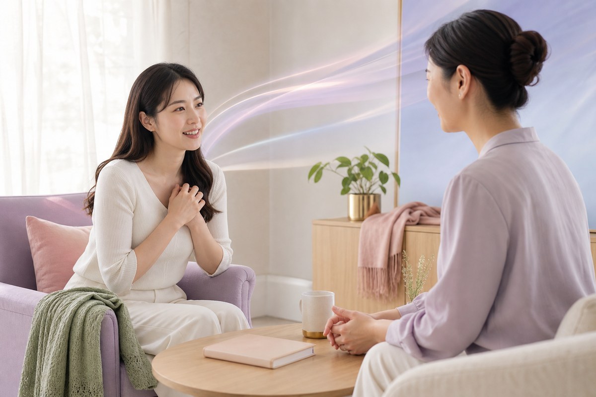 明亮私密空間裡，成年亞洲女性與女性支持工作者進行尊重而溫暖的對談，呈現自我練習之外尋求合適協助的下一步
