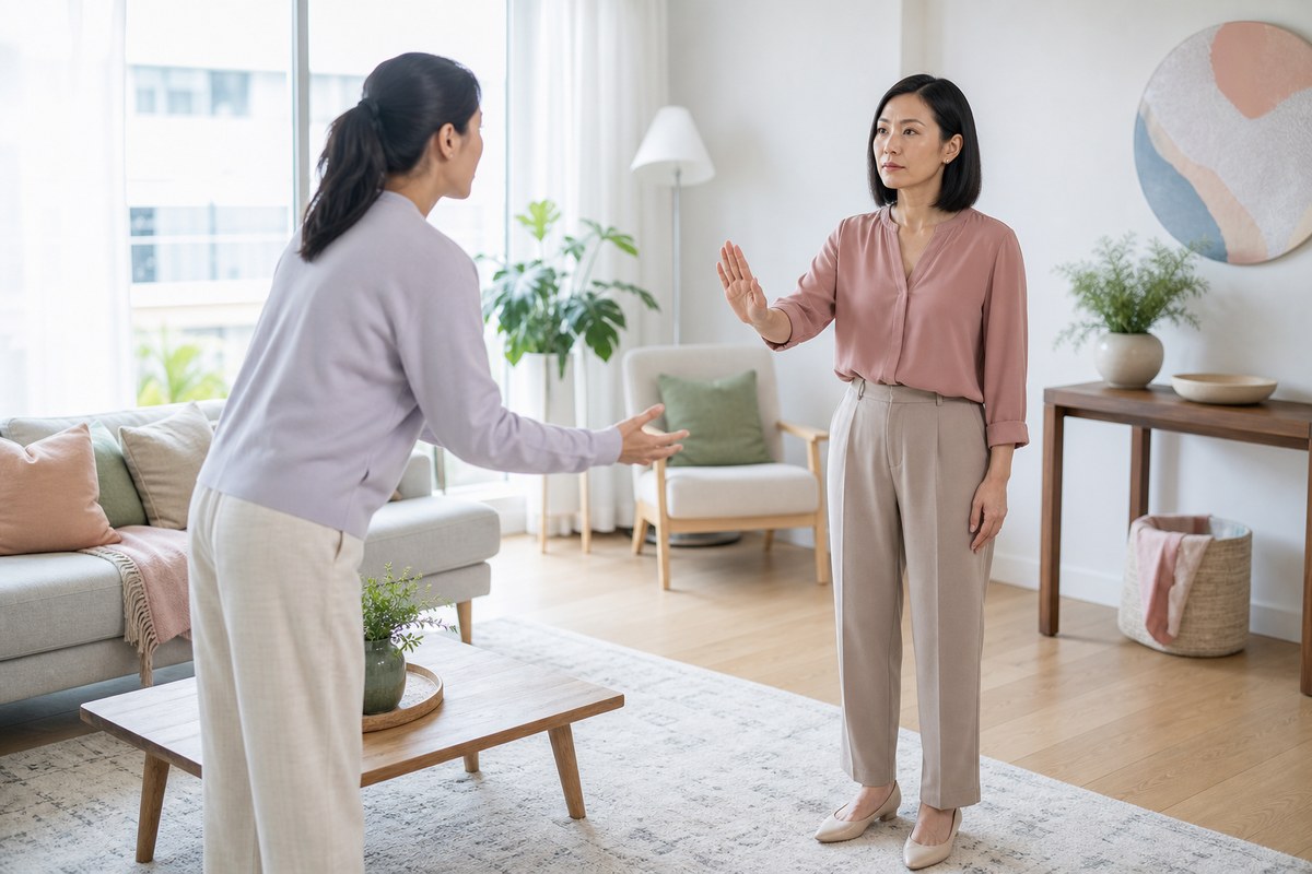 明亮客廳中成年亞洲女性以穩定表情和張開手掌建立界線，與另一位正在施壓的成人保持安全距離