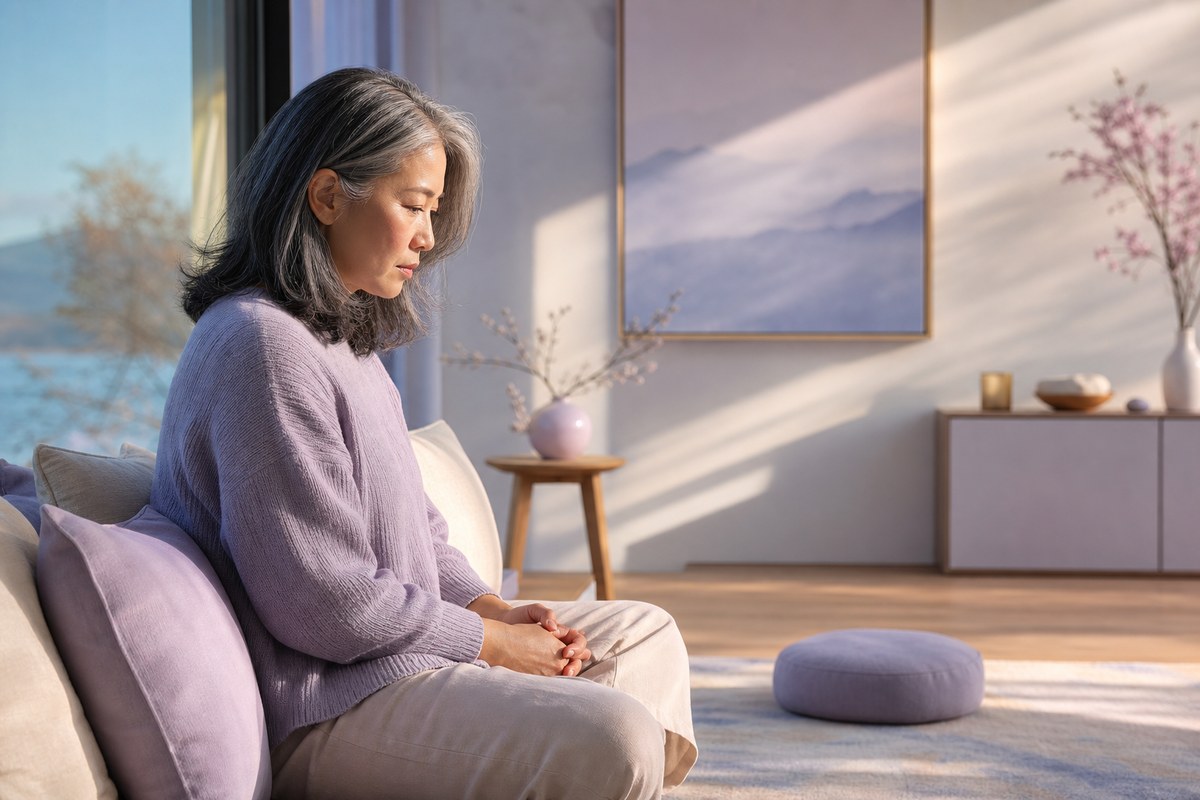 銀灰髮中年亞洲女性側身低頭坐在窗邊，雙手自然放在腿上，以不勉強微笑的中性神情接納感恩冥想暫時沒有感覺