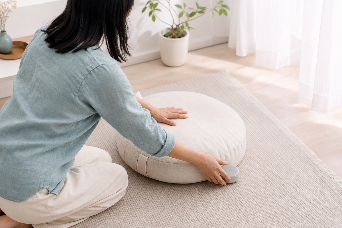 只見年輕亞洲女性的背影、上身與雙手,她跪坐整理淺色冥想坐墊並將無顯示畫面的圓形計時器放在一旁,呈現從五分鐘開始、溫柔把注意力帶回的實際準備