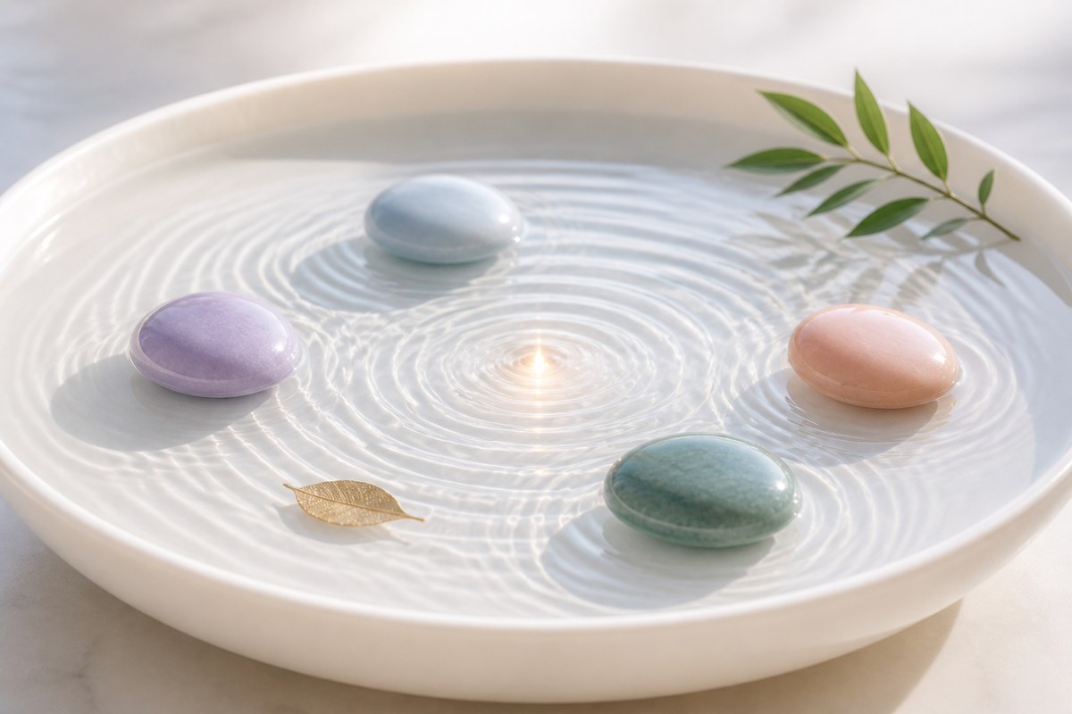 無人物的珍珠白淺水盤中，薰衣草、月光藍、淡蜜桃與青綠四顆圓石環繞暖光漣漪，搭配小面積金葉與綠枝，象徵慈心練習逐步累積並擴散正向情緒