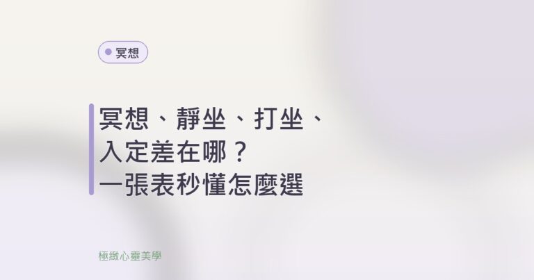 冥想、靜坐、打坐、入定四個詞關係示意圖，呈現安靜練習的空靈品牌視覺