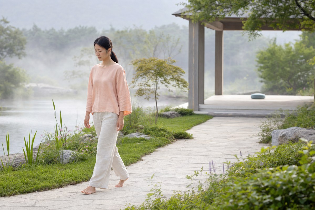 成年亞洲女性在晨霧湖畔花園緩慢行走靜心，遠方涼亭留有空靜坐墊，呈現冥想不限於坐姿