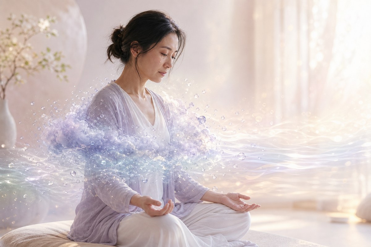 成年亞洲女性冥想時自然落淚，胸口沉重的薰衣草色水霧化為清澈水珠與溫暖光流，呈現安全的情緒釋放