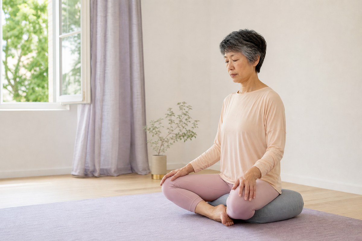 短灰髮的成熟亞洲女性在窗邊坐墊上安定練習,視線自然下垂、雙手置於膝上,呈現把注意力溫和帶回來的過程