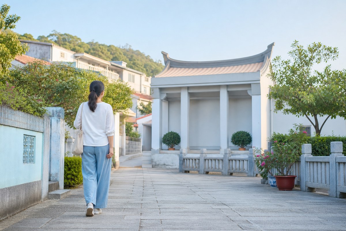 成年亞洲女性以完整背影走在新北郊區石板巷道,前往沒有匾額與文字的在地小廟院落,呈現實地詢問與挑選