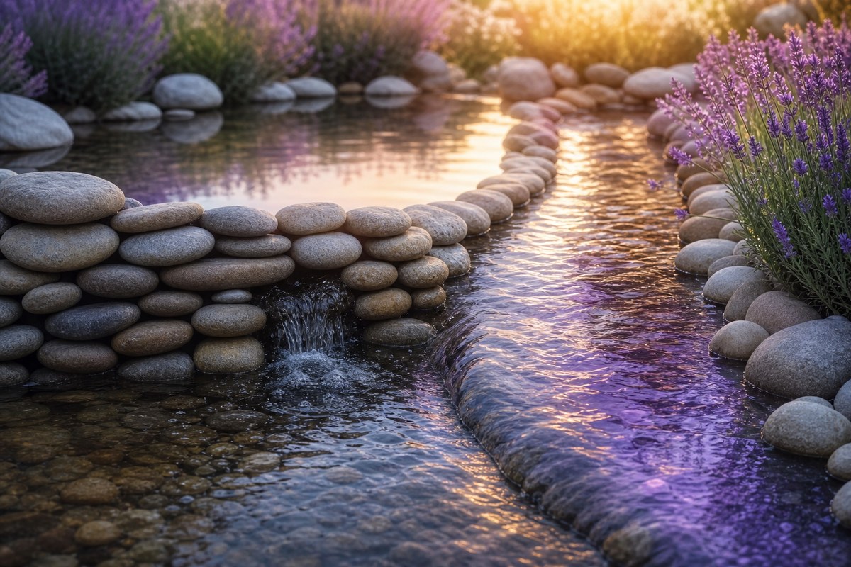 無人物的溪流水景，一側石頭緊密堆疊使水滯留，另一側石頭引導水流進入開闊河道，呈現控制情緒與疏通情緒的不同
